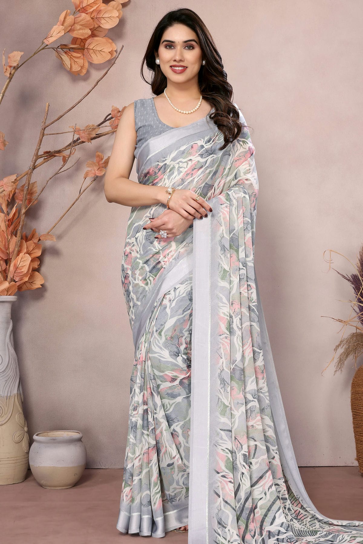 Grey Colour Moss Satin Saree