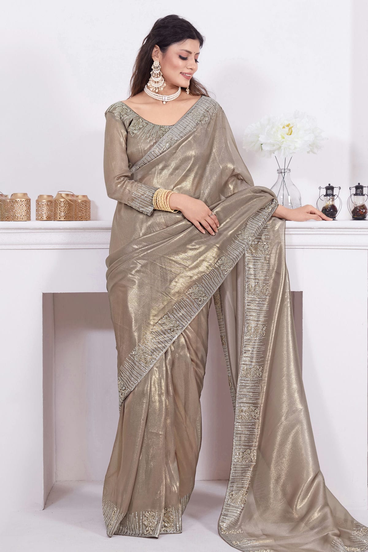 Grey Colour Net Designer Saree