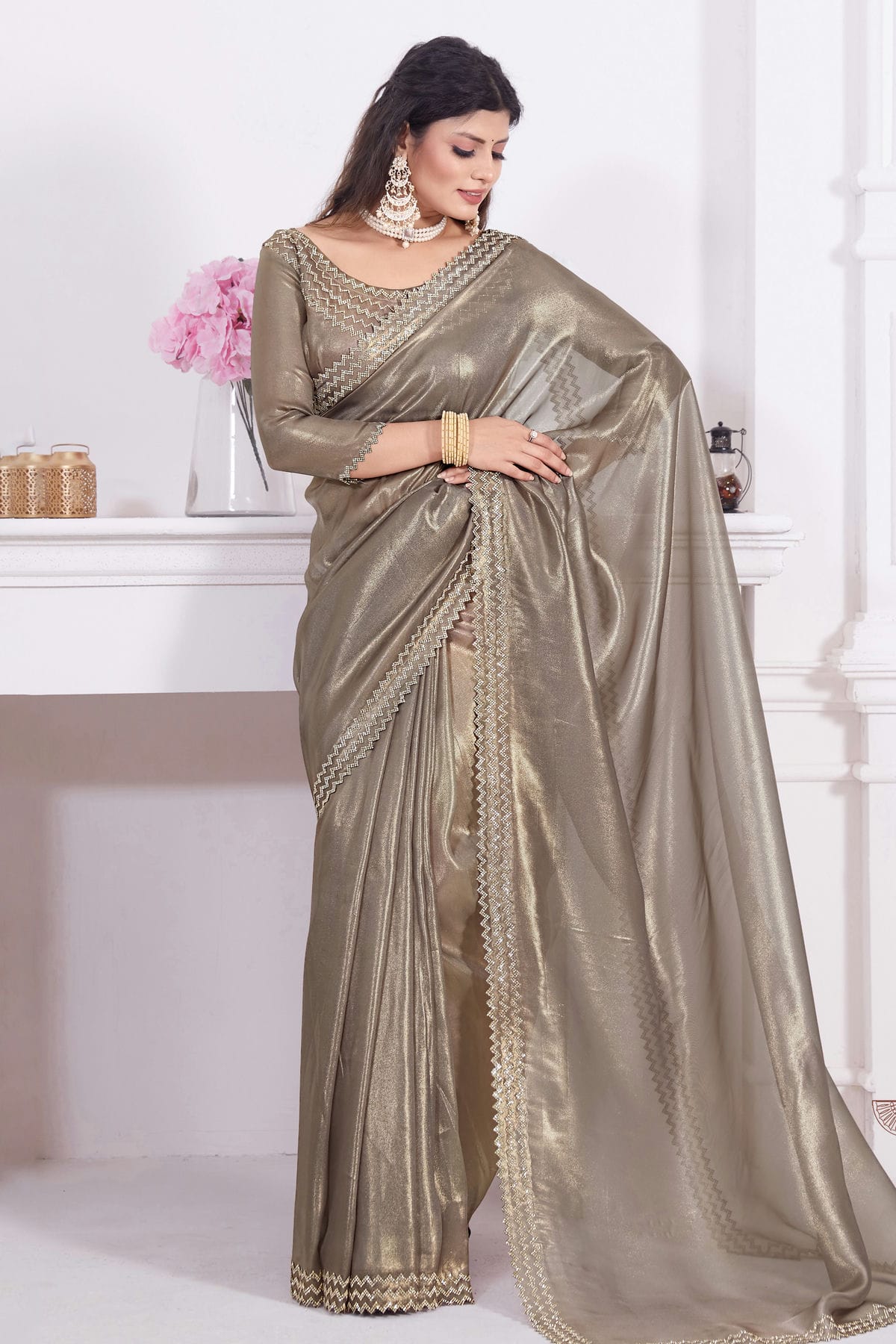 Grey Colour Net Designer Saree