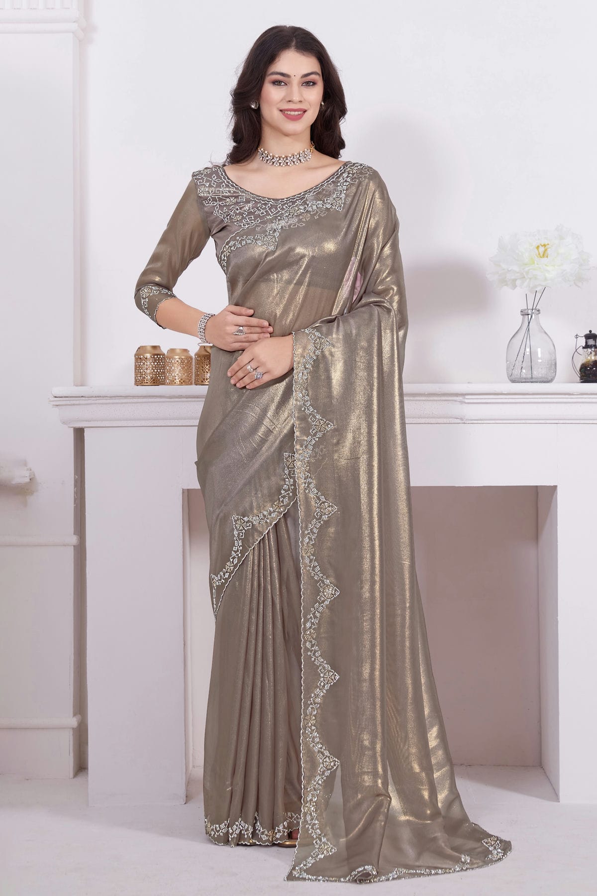 Grey Colour Net Designer Saree