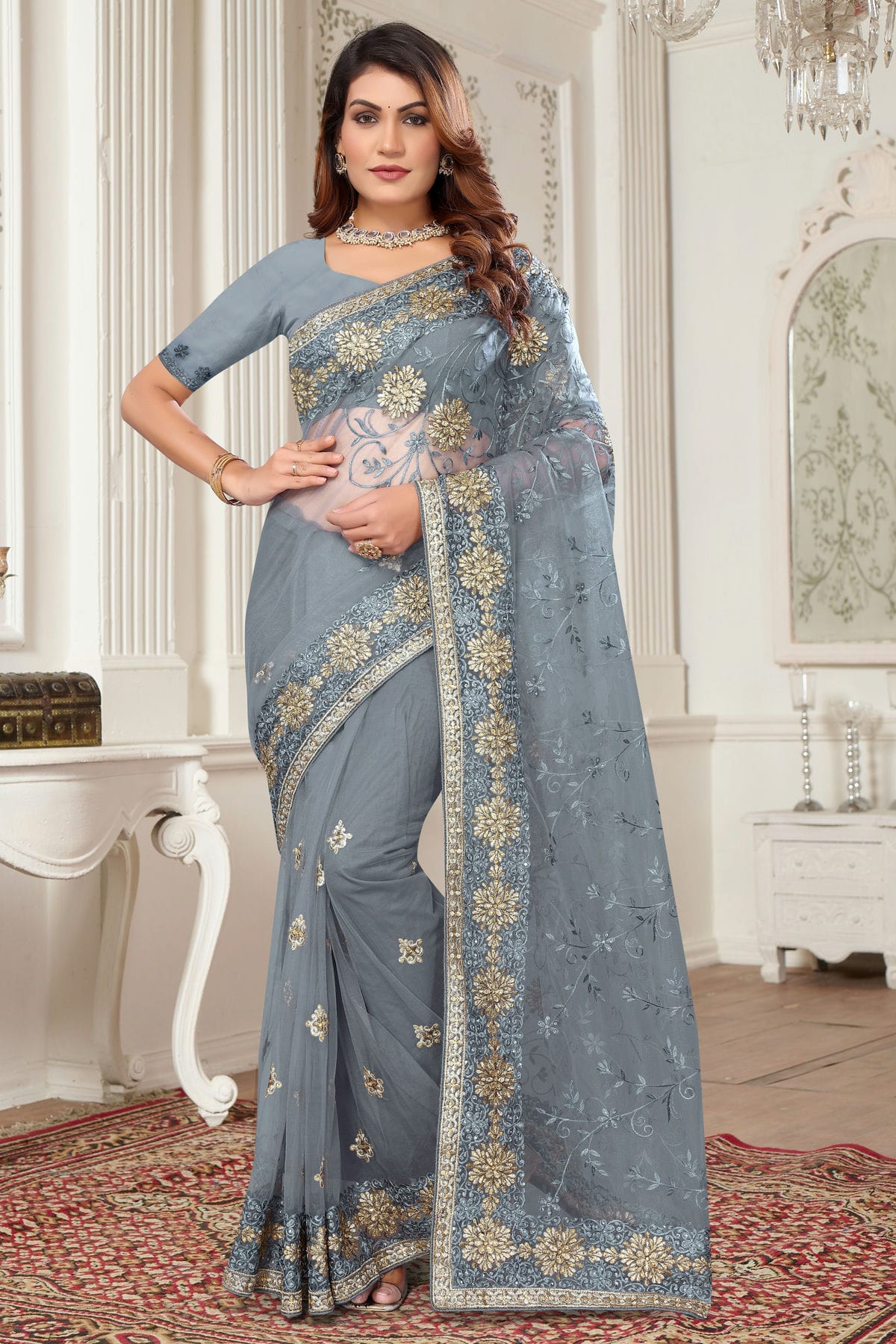 Grey Colour Net Designer Saree