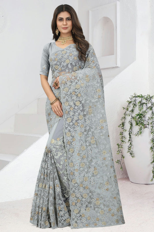 Grey Colour Net Designer Saree