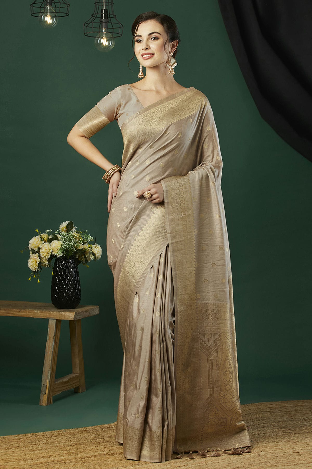 Grey Colour Nylon Banarasi Traditional Saree