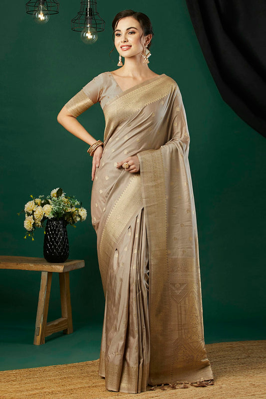 Grey Colour Nylon Banarasi Traditional Saree