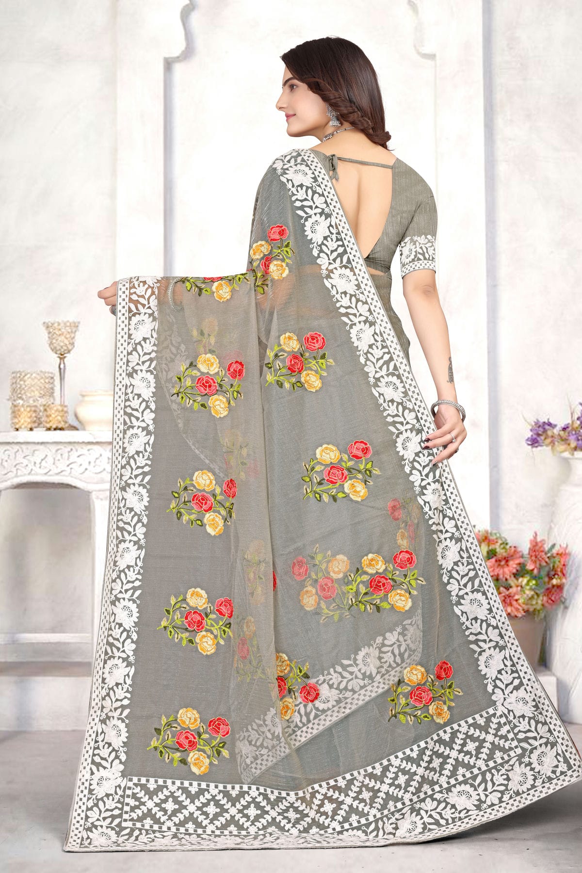 Grey Colour Organza Designer Saree