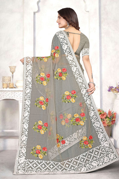 Grey Colour Organza Designer Saree