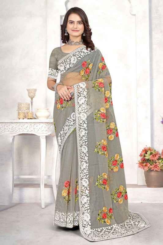 Grey Colour Organza Designer Saree