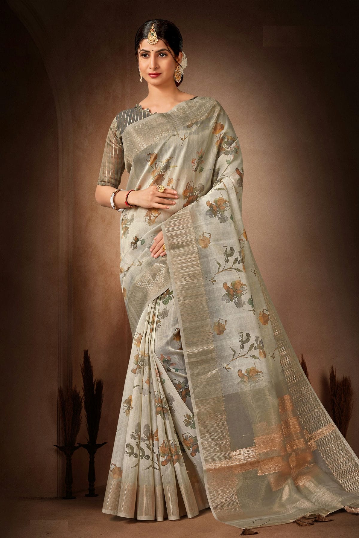 Grey Colour Organza Printed Saree