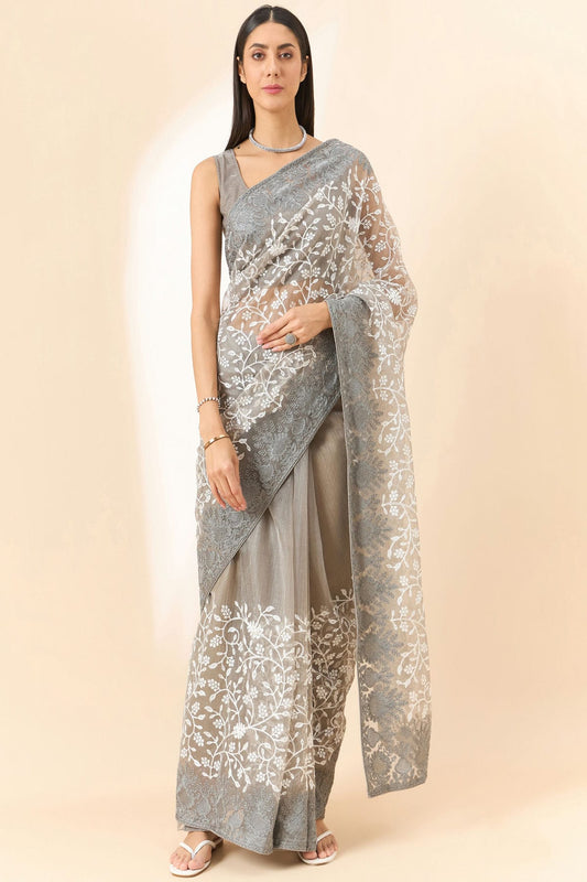 Grey Colour Organza Saree