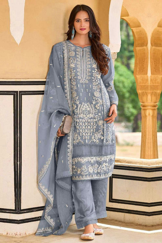 Grey Colour Organza Semi Stitched Pakistani Suit