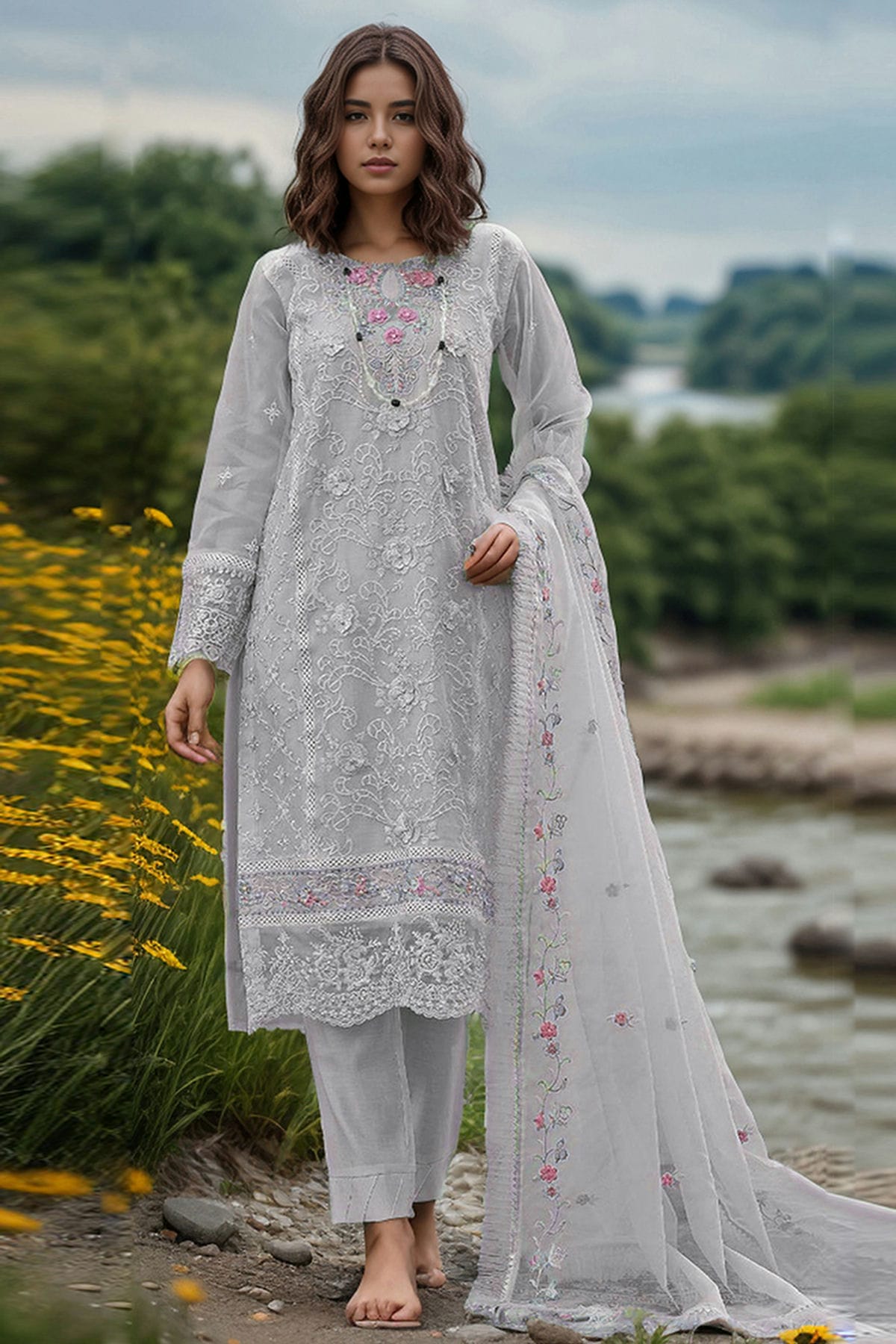 Grey Colour Organza Semi Stitched Pakistani Suit