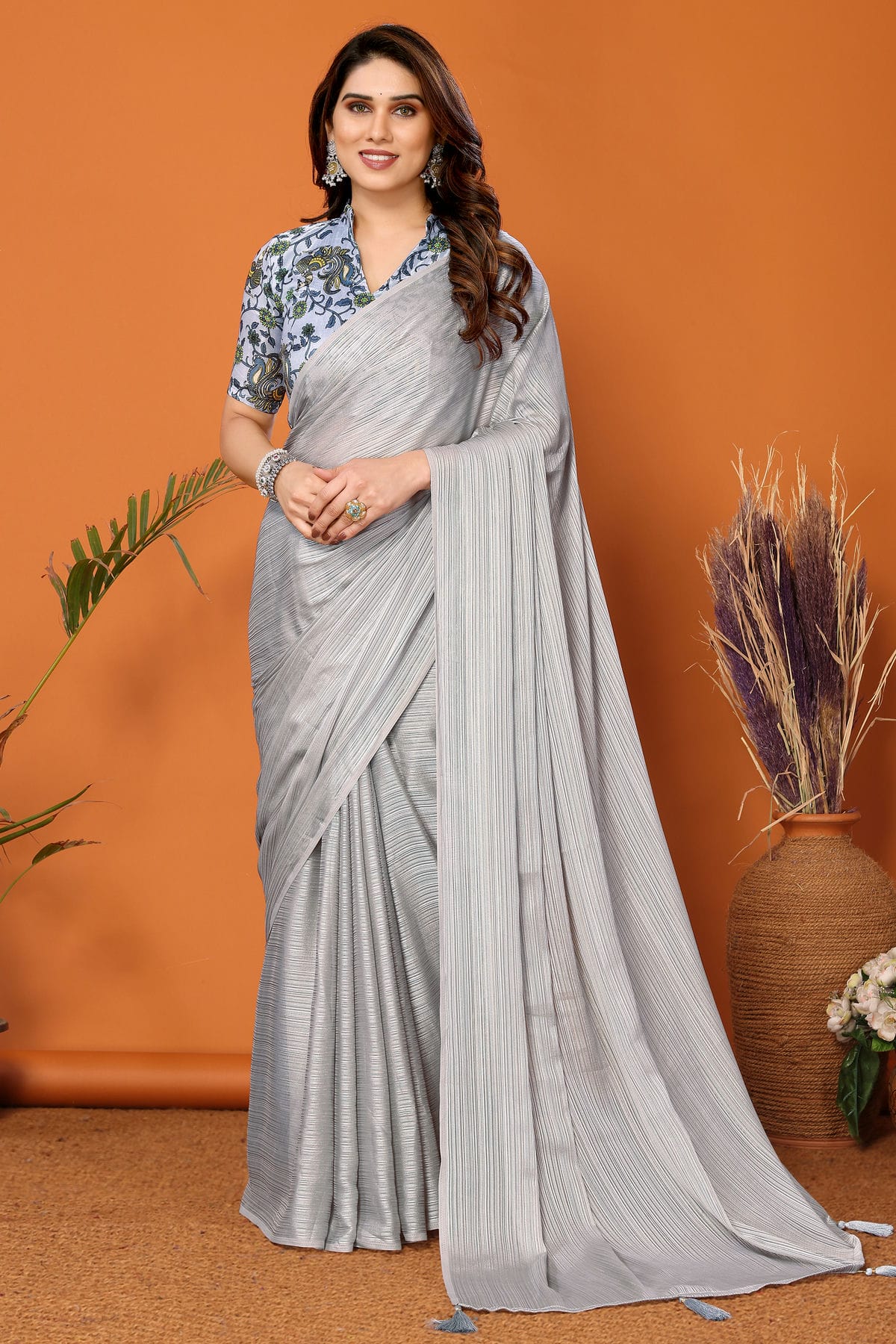 Grey Colour Polyester Printed Saree