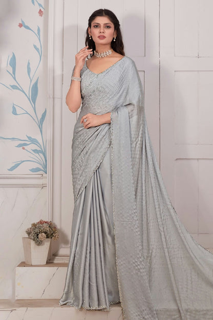 Grey Colour Pure Satin Designer Saree