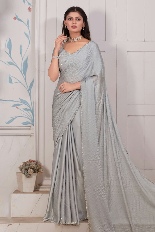 Grey Colour Pure Satin Designer Saree