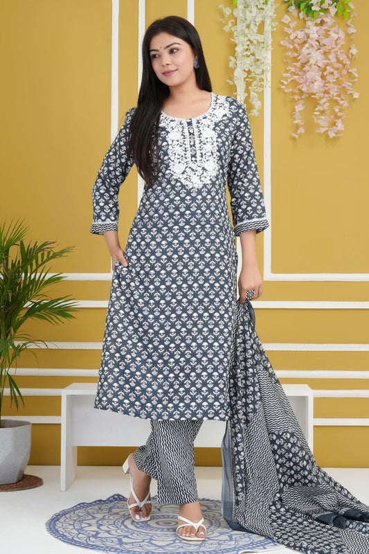 Grey Colour Rayon Cotton Readymade Anarkali Suit