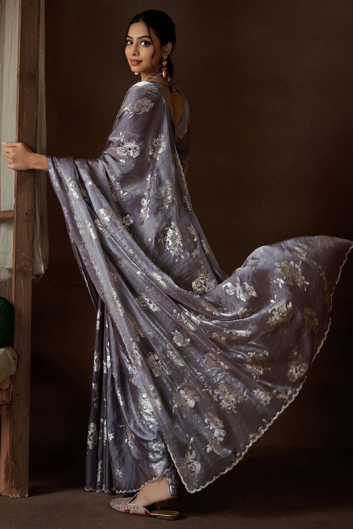 Grey Colour Satin Silk Designer Saree