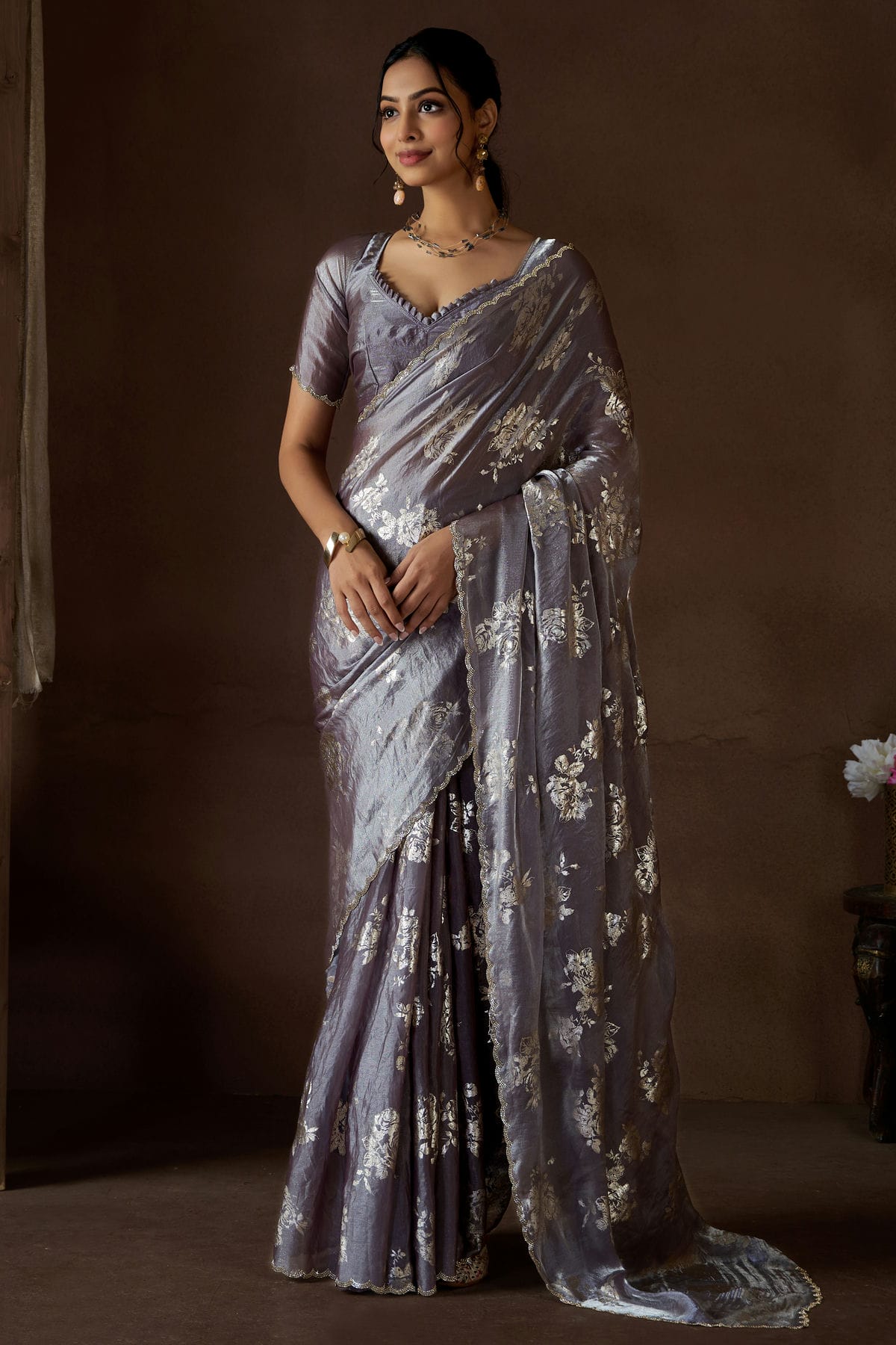 Grey Colour Satin Silk Designer Saree