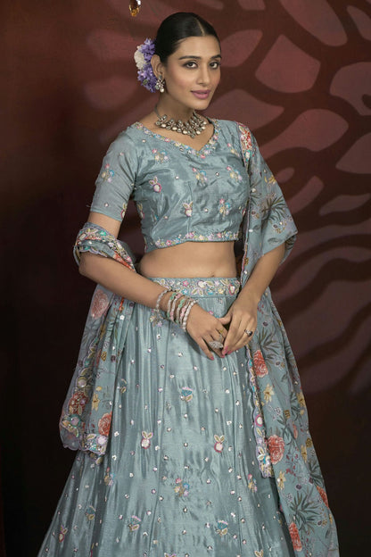 Grey Colour Semi Stitched Chinon Lehenga Choli VSLC1112519