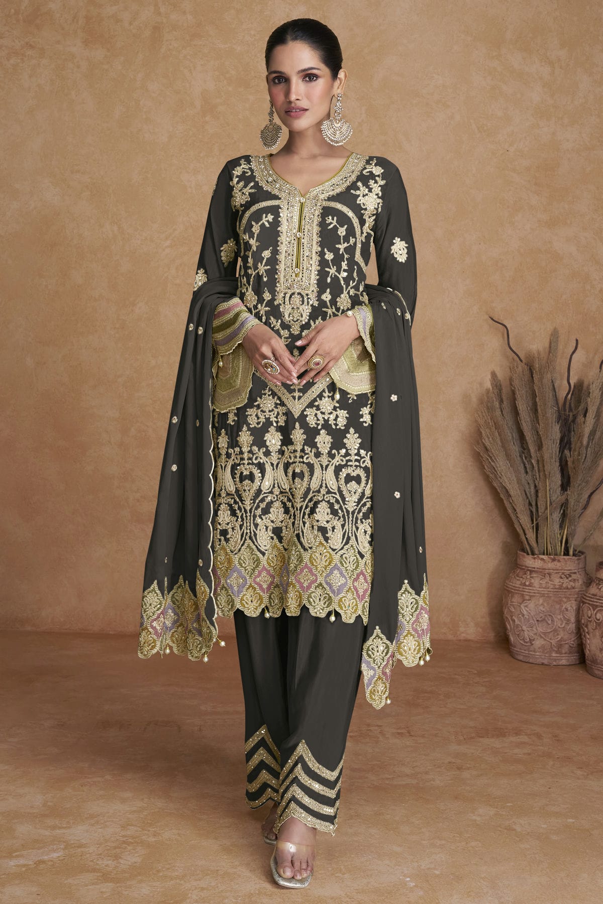 Grey Colour Semi Stitched Chinon Pakistani Suit