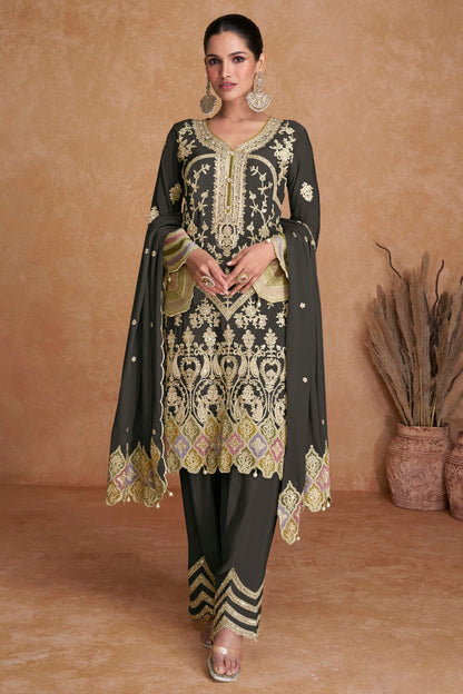 Grey Colour Semi Stitched Chinon Pakistani Suit