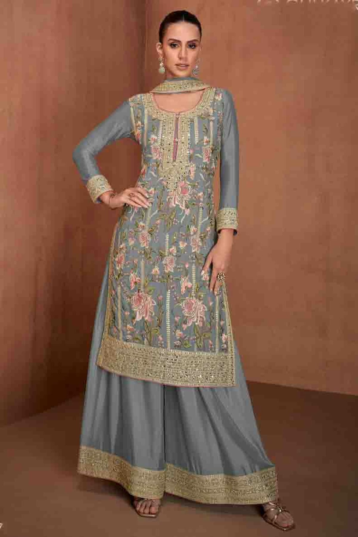 Grey Colour Semi Stitched Chinon Palazzo Pant Suit VSSM1140654