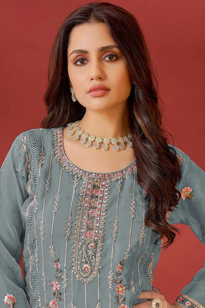 Grey Colour Semi Stitched Faux Georgette Pakistani Suit