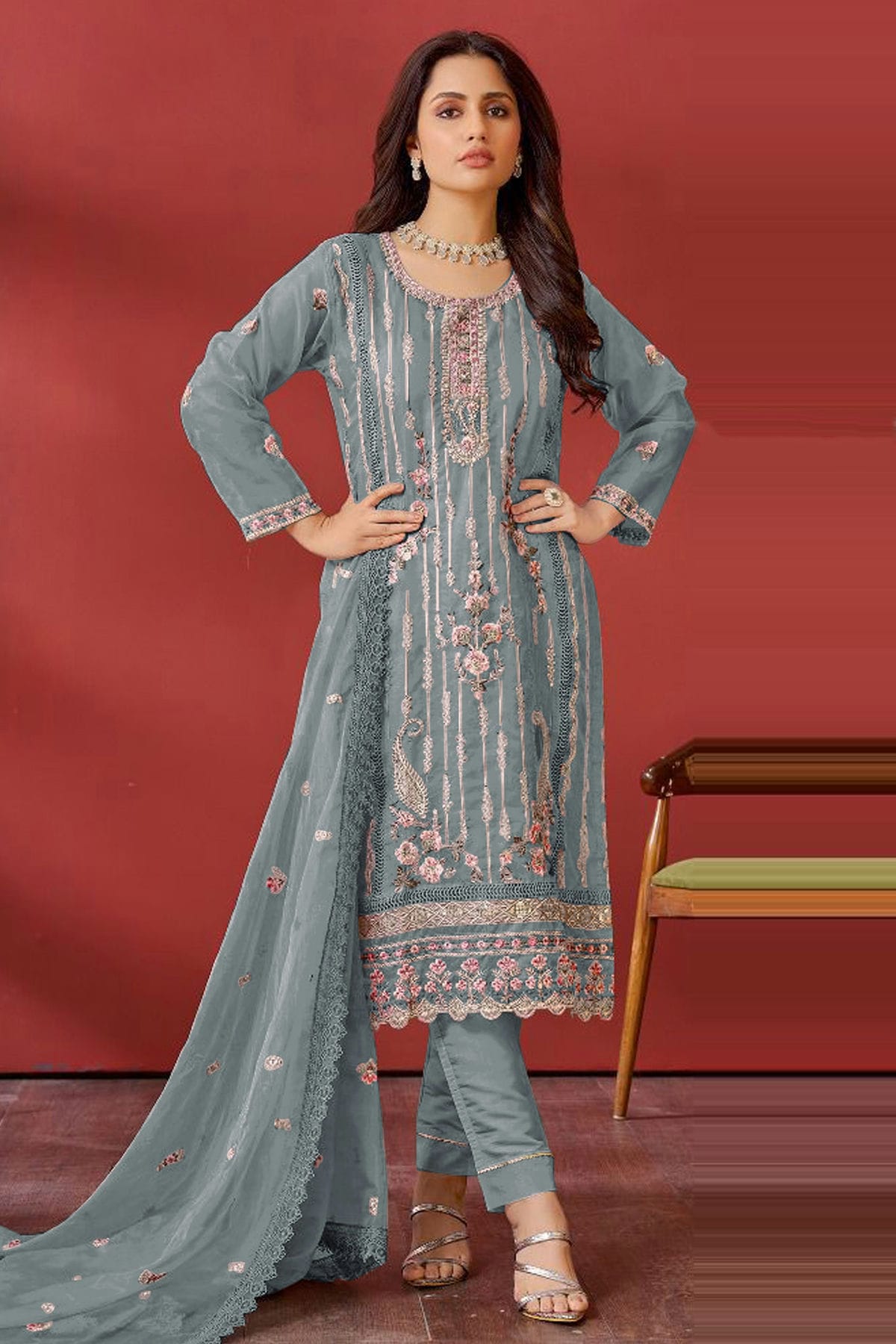 Grey Colour Semi Stitched Faux Georgette Pakistani Suit