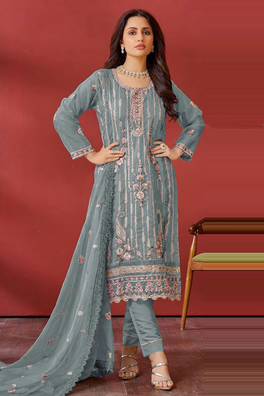 Grey Colour Semi Stitched Faux Georgette Pakistani Suit