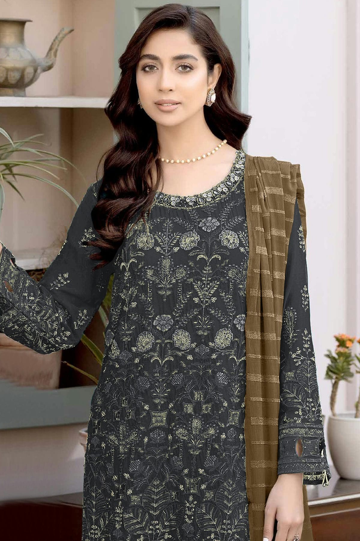 Grey Colour Semi Stitched Faux Georgette Pakistani Suit