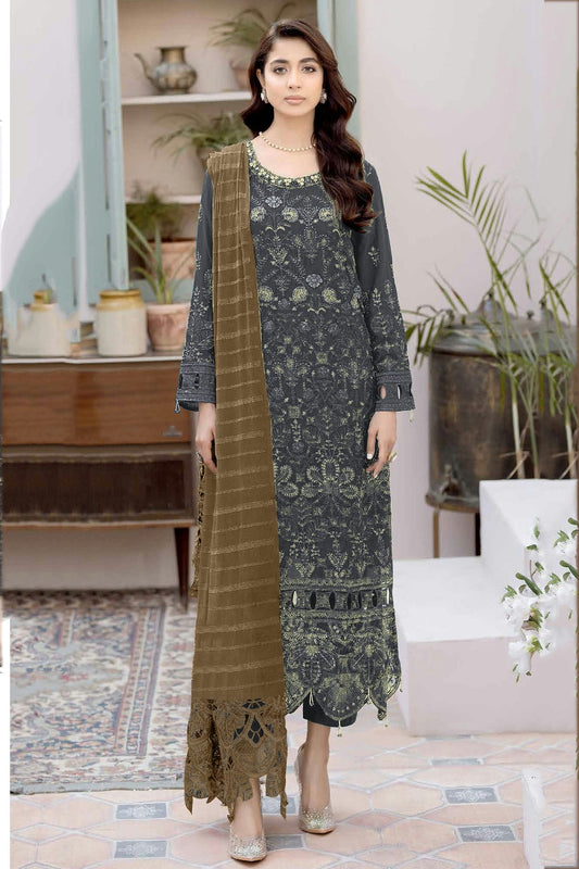 Grey Colour Semi Stitched Faux Georgette Pakistani Suit