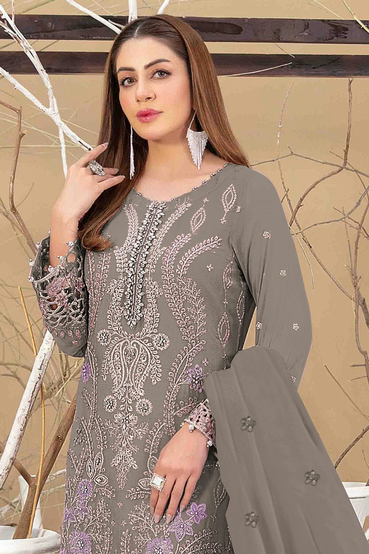 Grey Colour Semi Stitched Faux Georgette Pakistani Suit