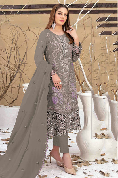 Grey Colour Semi Stitched Faux Georgette Pakistani Suit