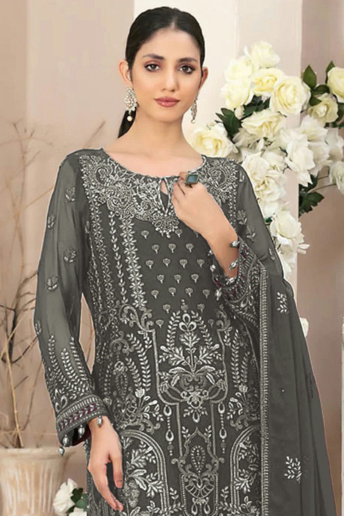 Grey Colour Semi Stitched Faux Georgette Pakistani Suit VSSM1140689