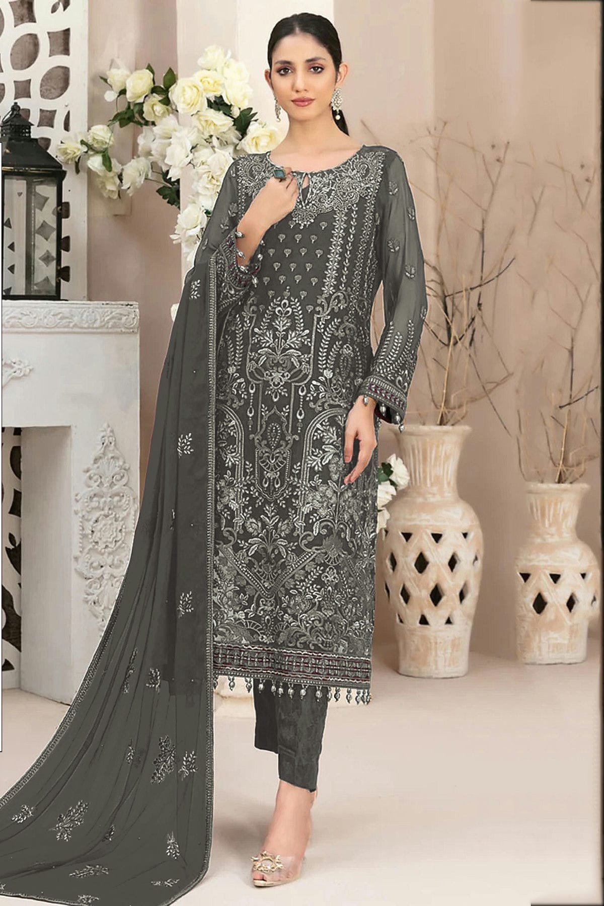 Grey Colour Semi Stitched Faux Georgette Pakistani Suit VSSM1140689