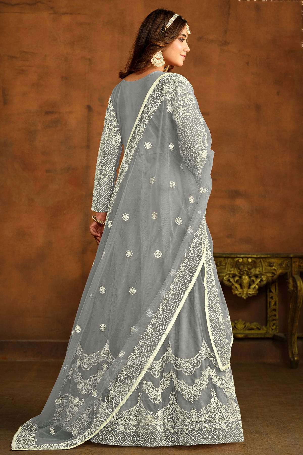 Grey Colour Semi Stitched Net Anarkali Suit