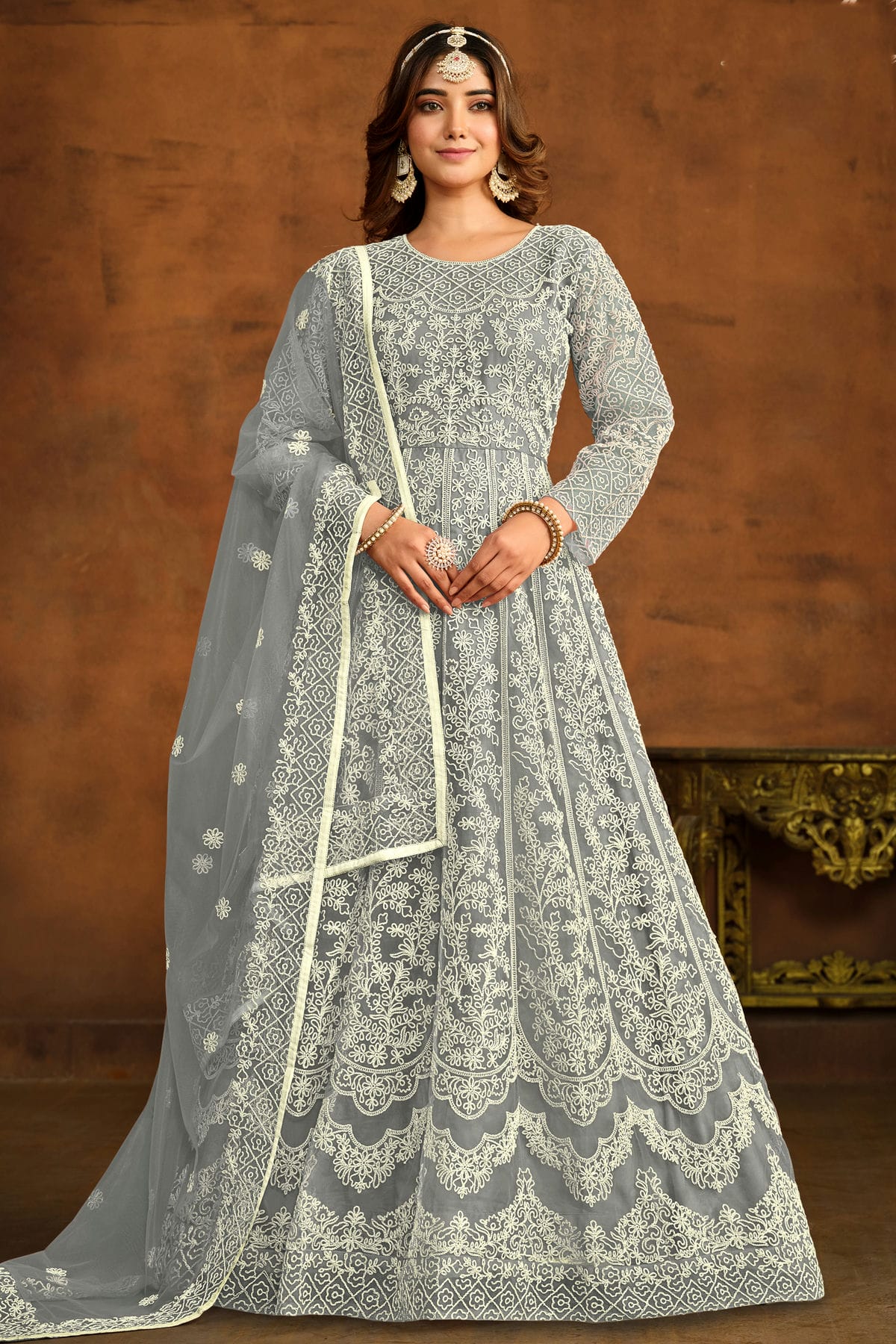 Grey Colour Semi Stitched Net Anarkali Suit