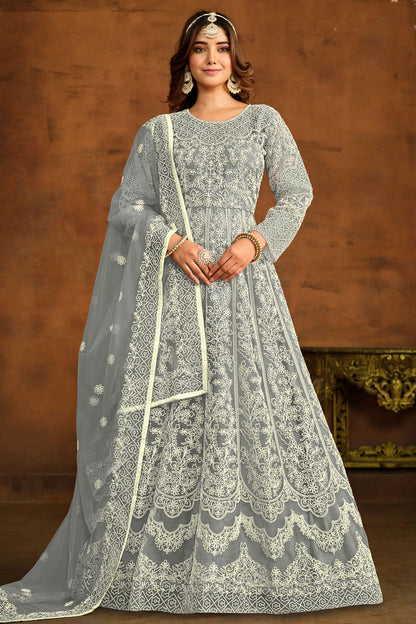 Grey Colour Semi Stitched Net Anarkali Suit