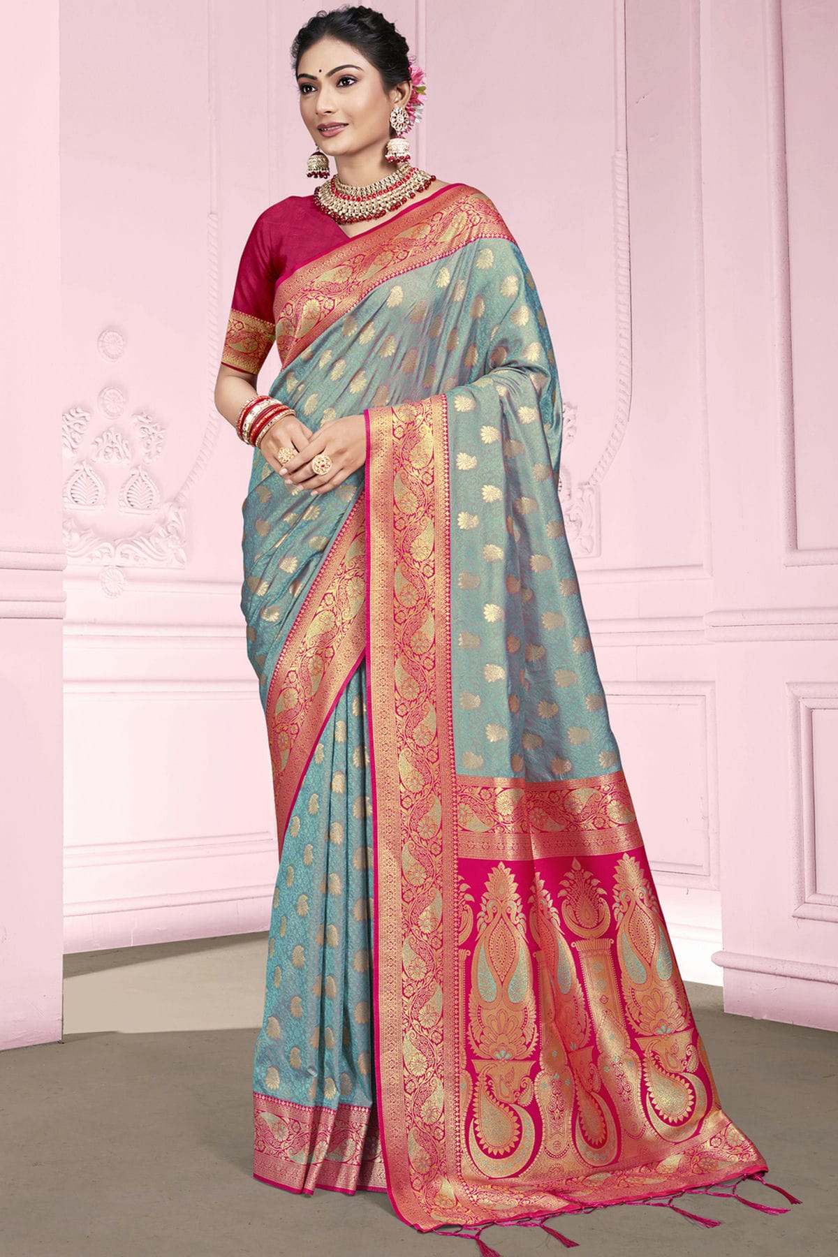 Grey Colour Silk Traditional Saree