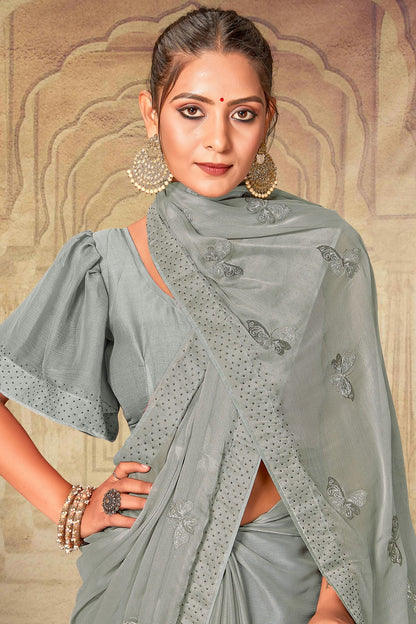 Grey Colour Soft Silk Chiffon Designer Saree