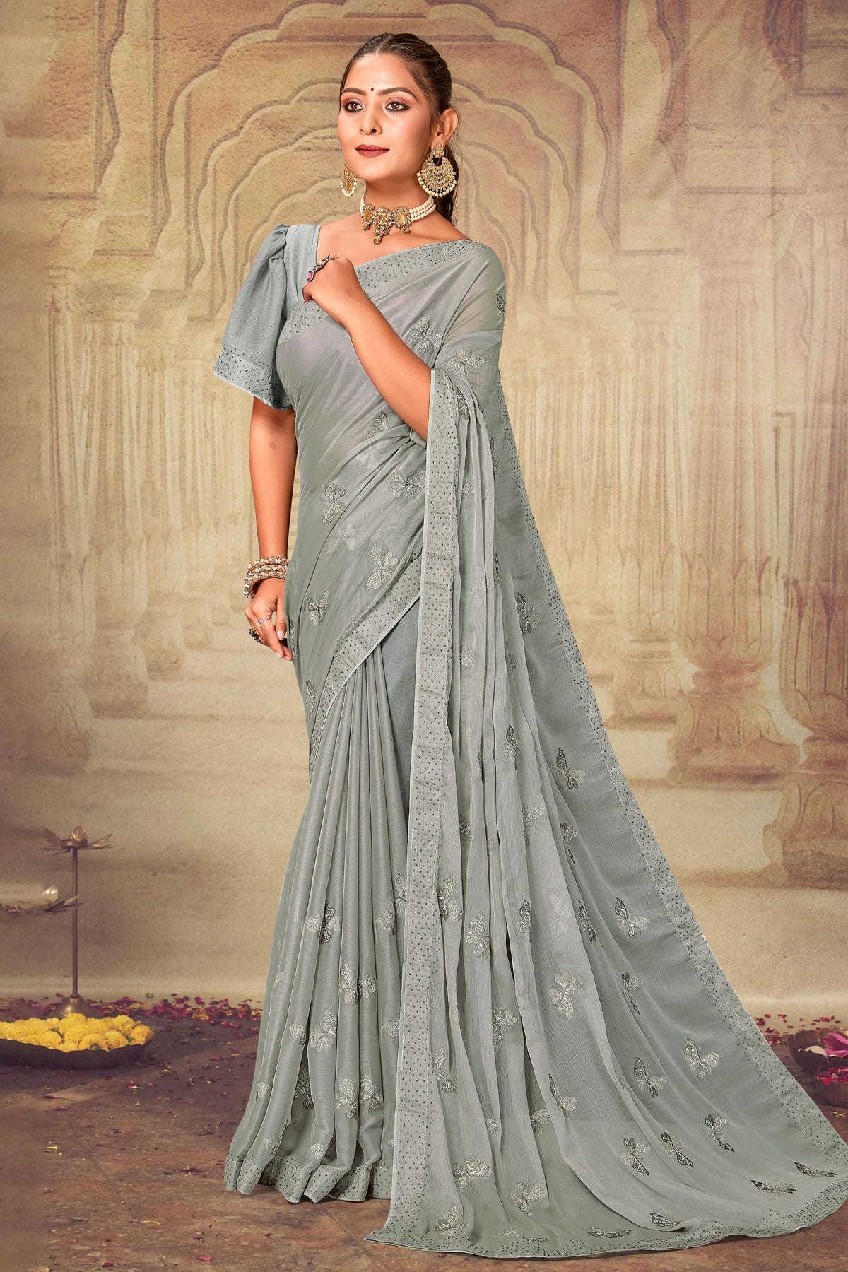 Grey Colour Soft Silk Chiffon Designer Saree