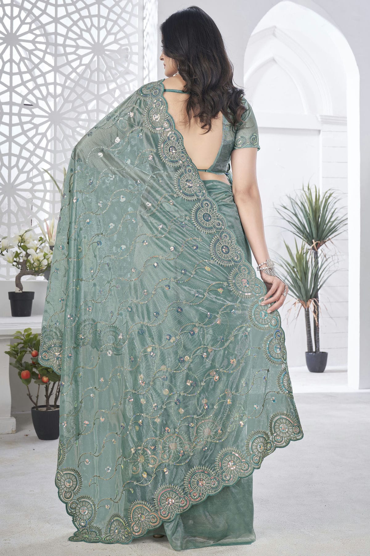 Grey Colour Tissue Net Designer Saree VSSD1112586