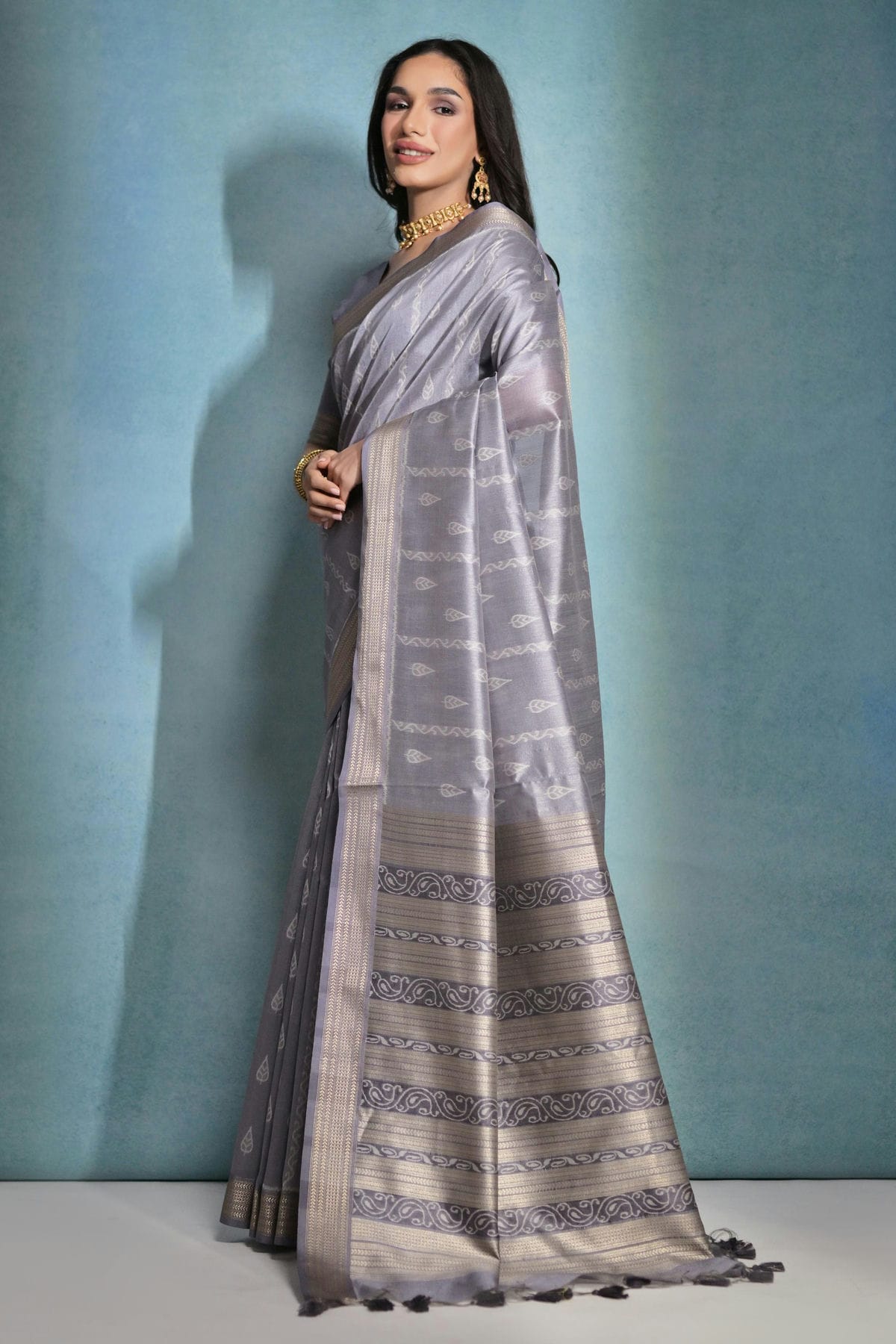 Grey Colour Tussar Silk Saree