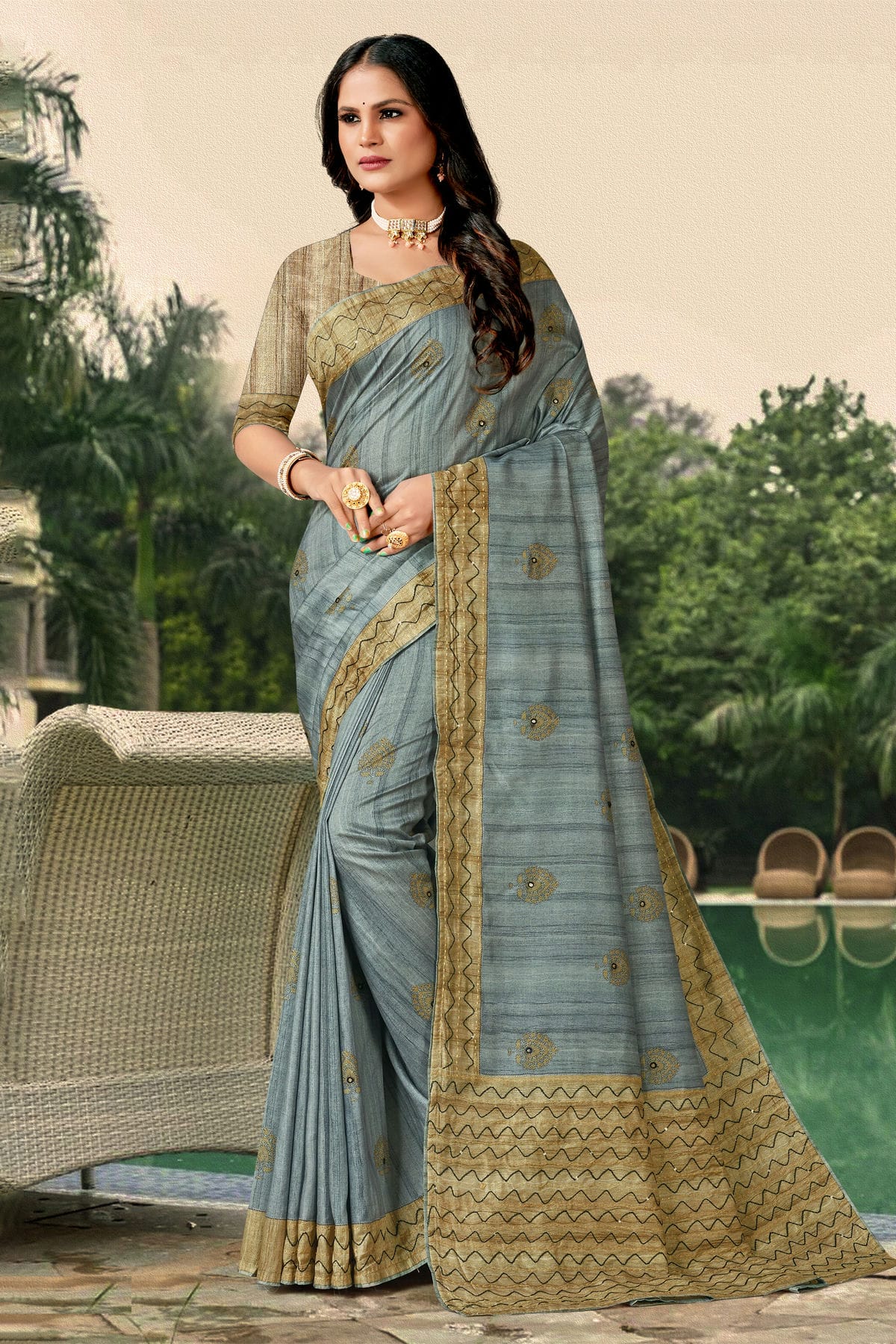 Grey Colour Tussar Silk Traditional Saree