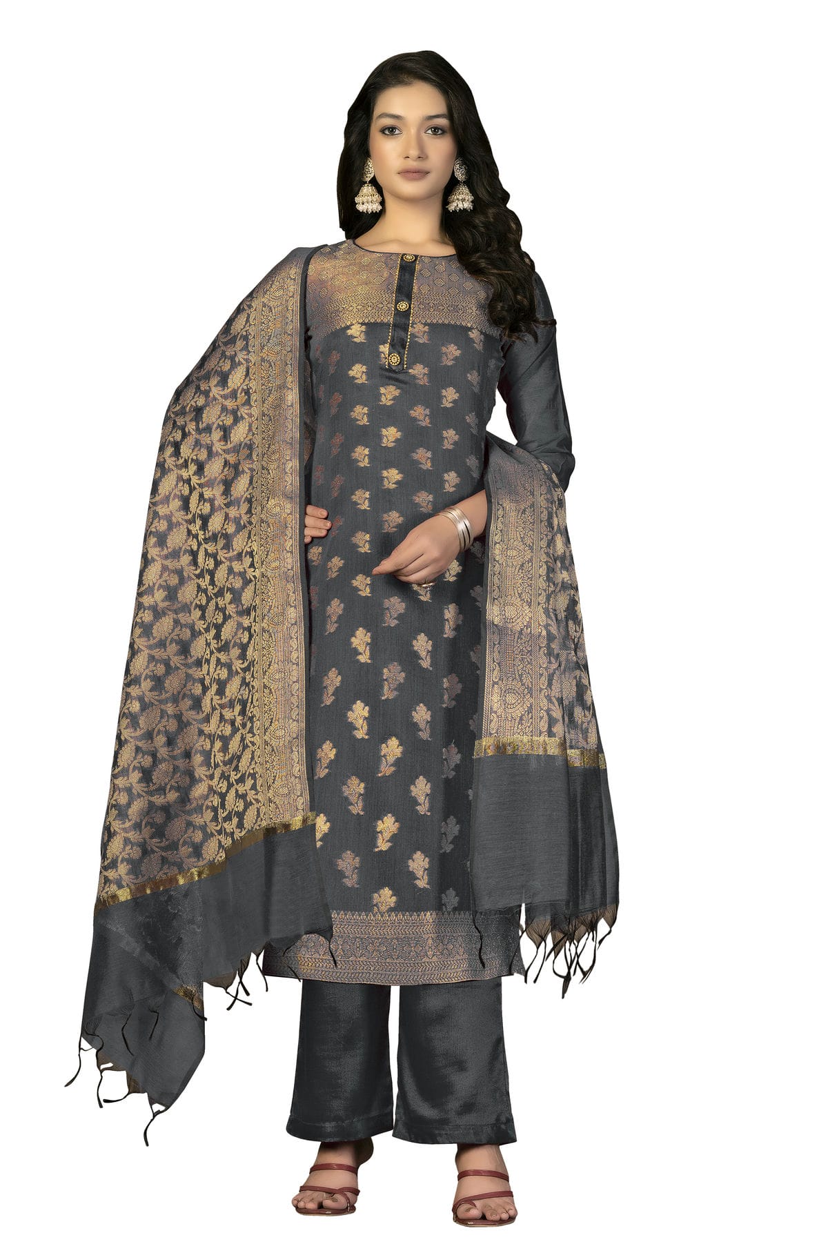 Grey Colour Unstitched Banarasi Jacquard Fabric Straight Suit