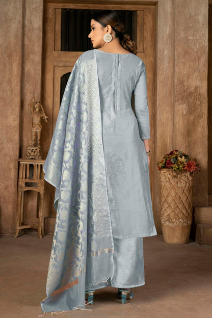 Grey Colour Unstitched Banarasi Jacquard Palazoo Pant Suit