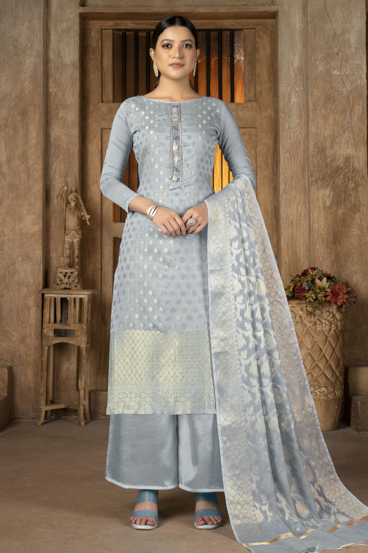 Grey Colour Unstitched Banarasi Jacquard Palazoo Pant Suit