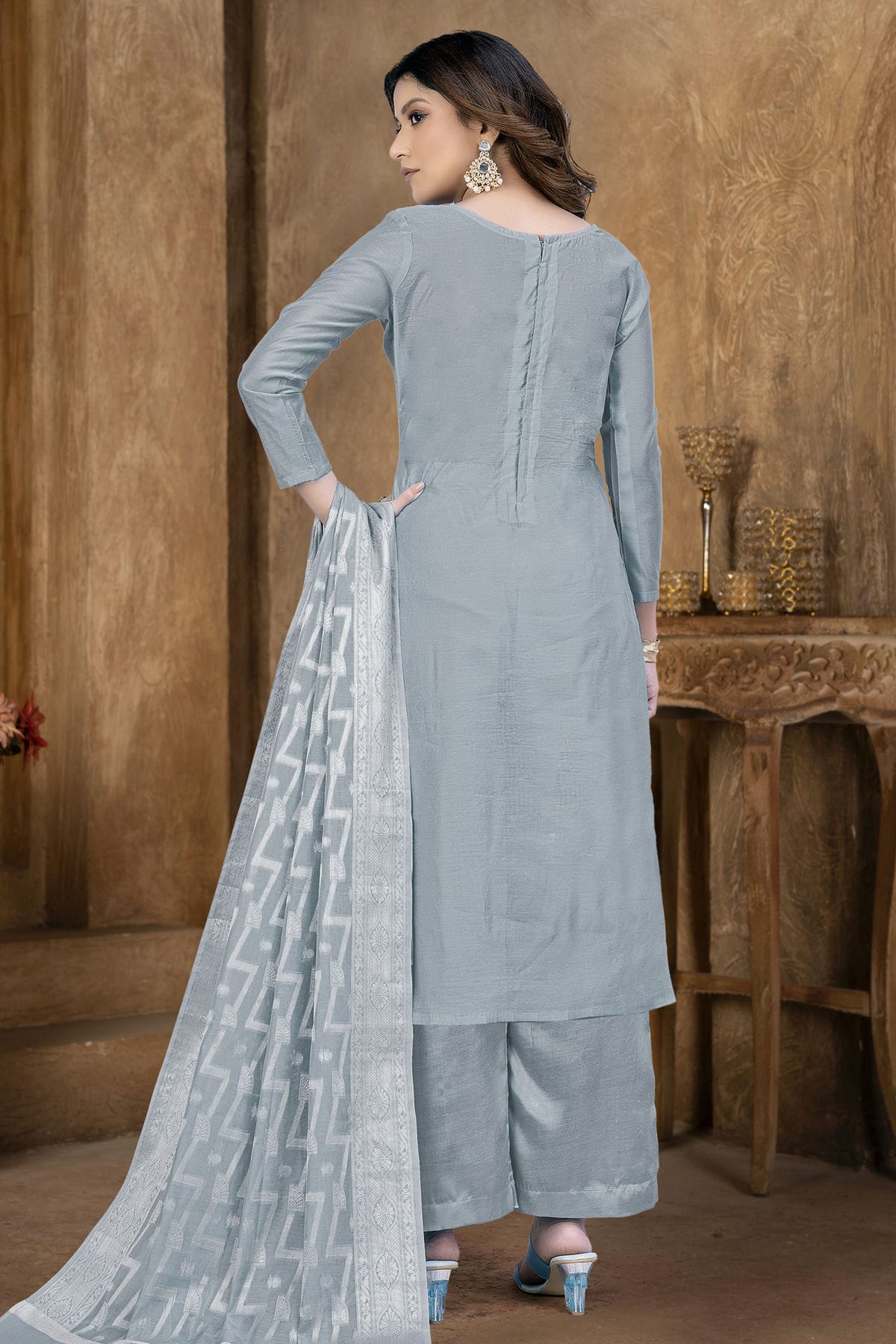 Grey Colour Unstitched Banarasi Jacquard Palazoo Pant Suit