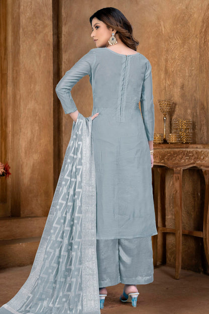 Grey Colour Unstitched Banarasi Jacquard Palazoo Pant Suit