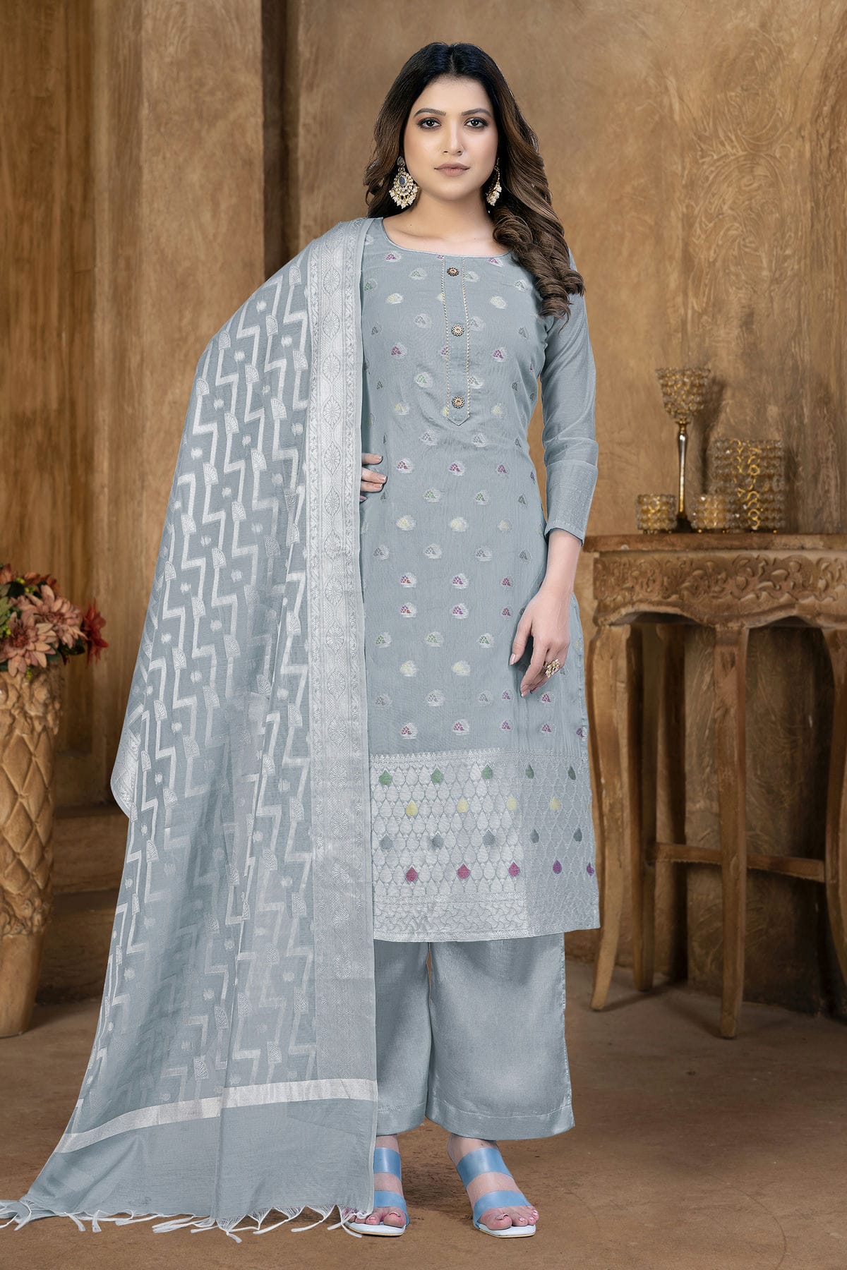 Grey Colour Unstitched Banarasi Jacquard Palazoo Pant Suit