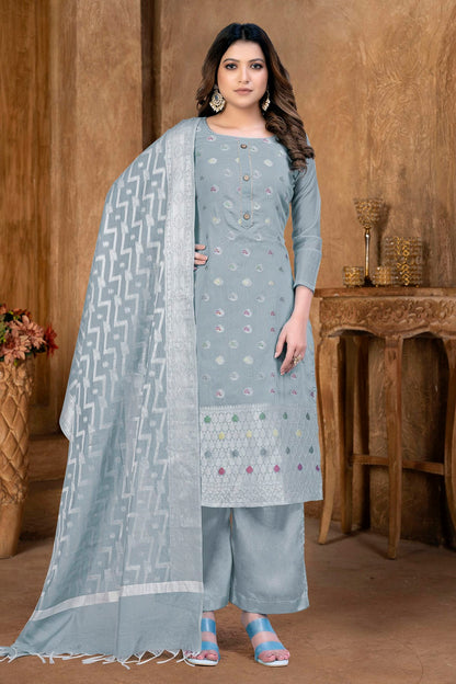 Grey Colour Unstitched Banarasi Jacquard Palazoo Pant Suit